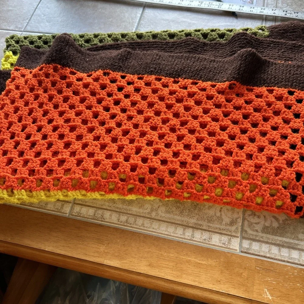 vintage afghan‎ blanket Crochet Olive Yellow Brown Orange 60x65